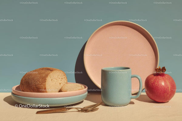 Pastelowe Naczynia Kuchenne z Chlebem i Granatem w Minimalistycznym Stylu