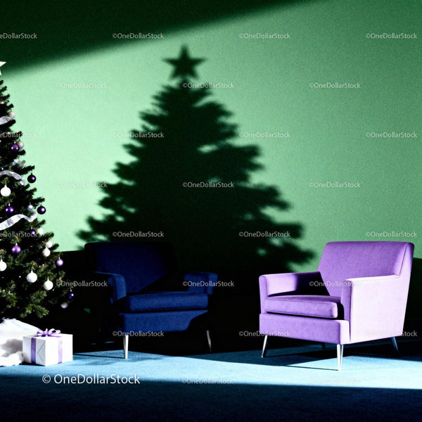 Cozy modern armchairs by decorated Christmas tree