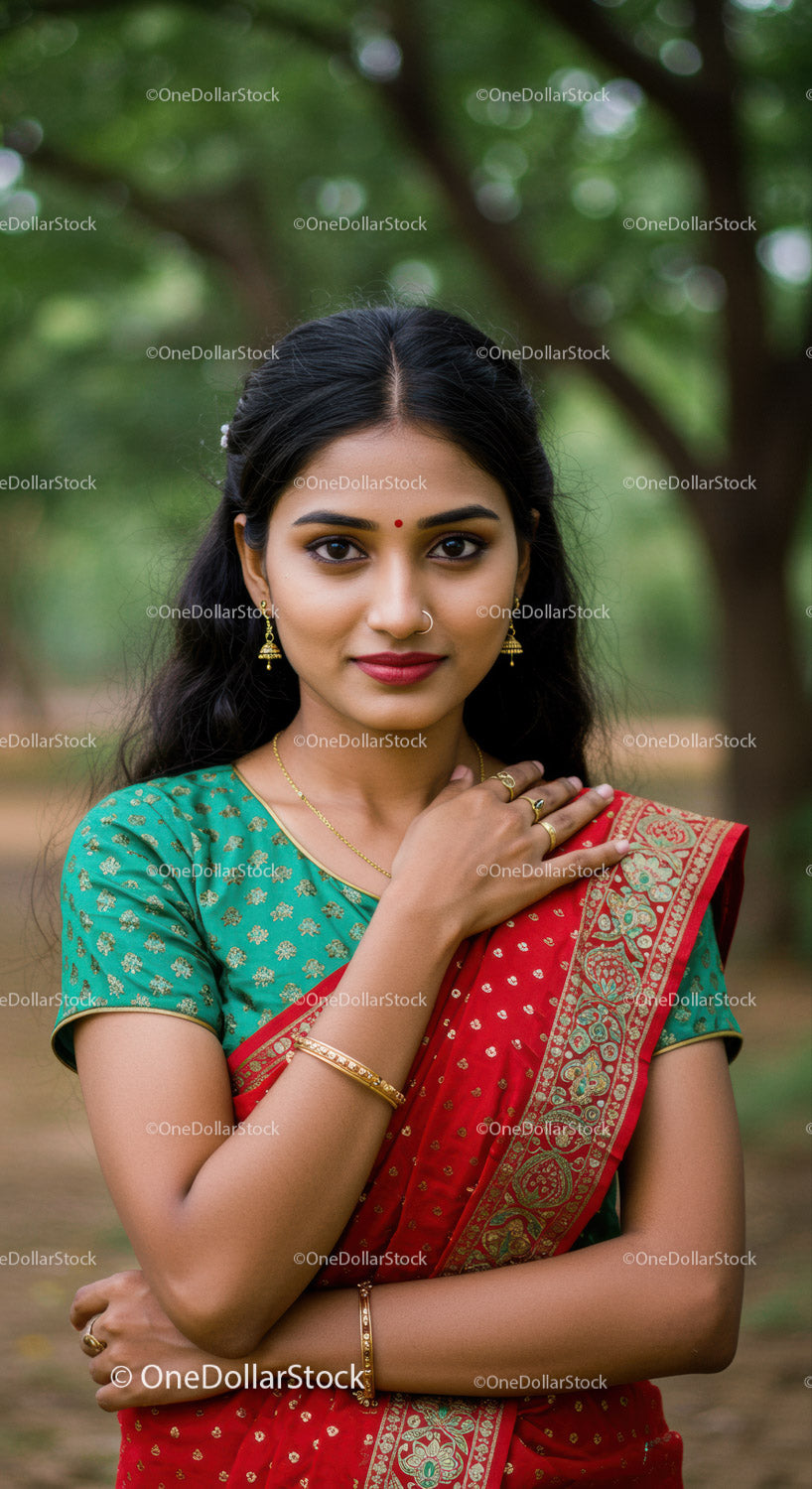 Elegant Indian Woman Wearing Red Saree in Lush Green Outdoors
