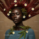 Elegant Portrait of a Woman with Flowing Red Hair and Botanical Accessories