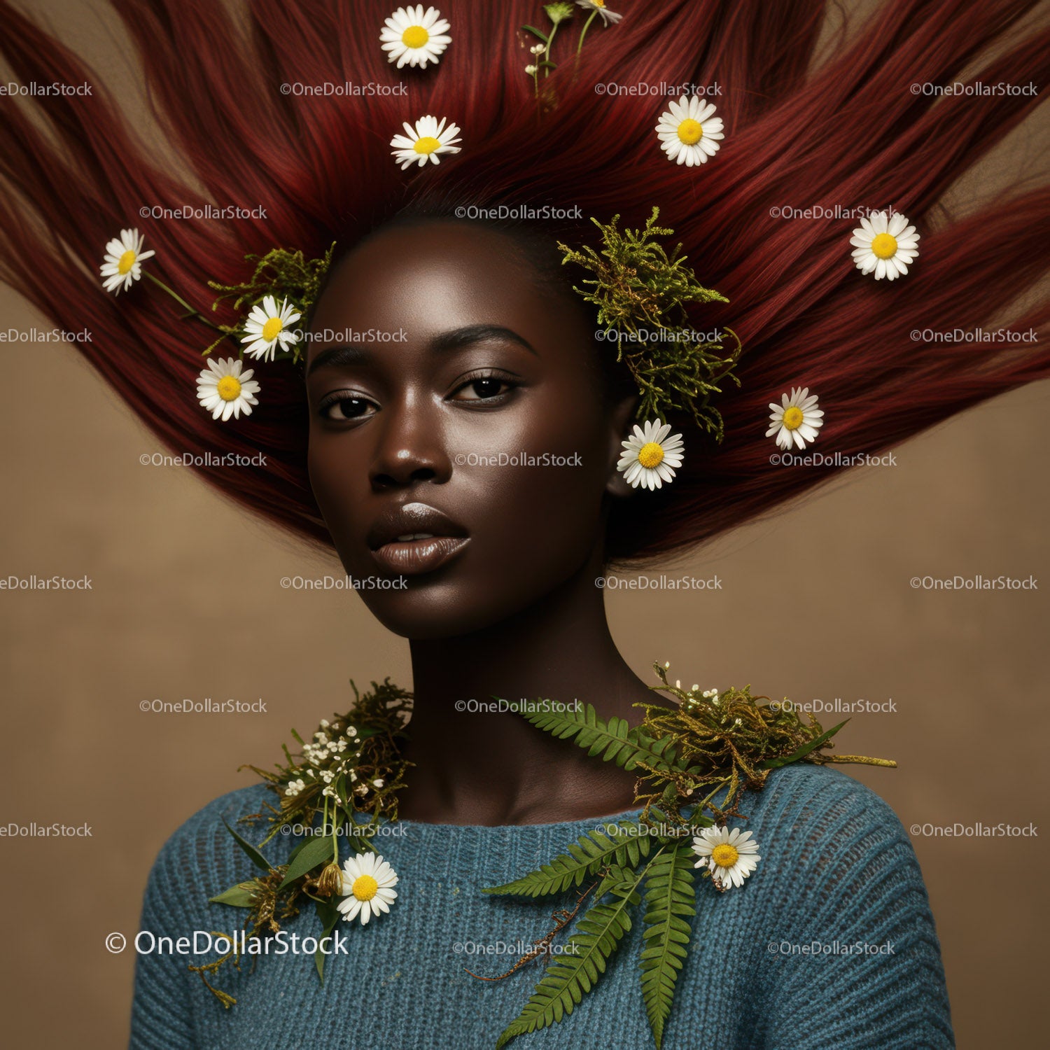 Elegant Portrait of a Woman with Flowing Red Hair and Botanical Accessories
