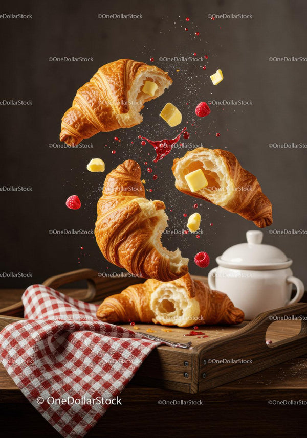 Fresh croissants with butter and raspberries in midair