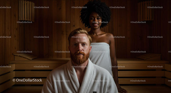 Relaksująca Para w Saunie z Drewnianym Wnętrzem dla Wellness i Spa