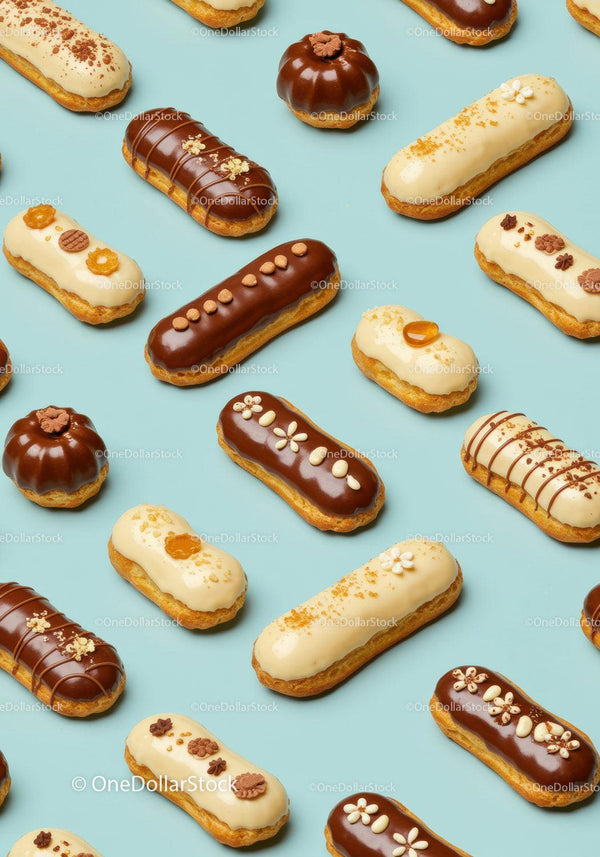 Assorted chocolate and cream éclairs on pastel background