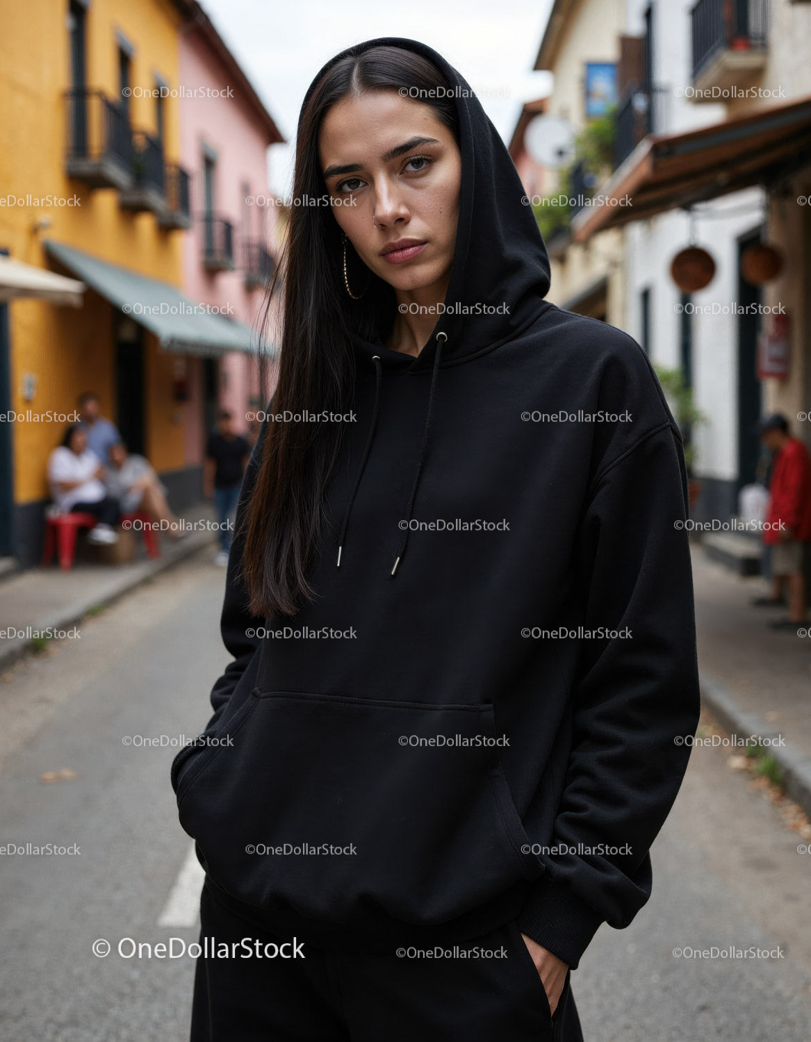 Fashionable Woman Wearing Black Hoodie in Urban City Street