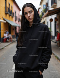 Fashionable Woman Wearing Black Hoodie in Urban City Street