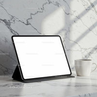 Tablet on marble table with white coffee cup