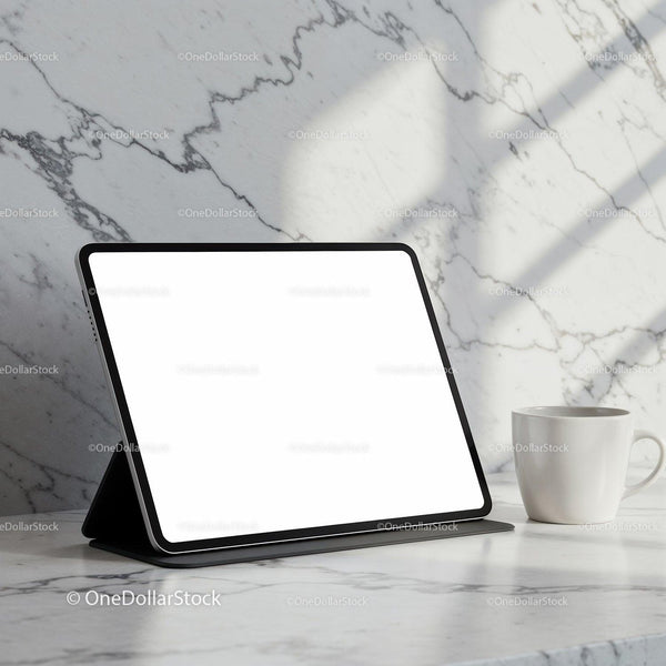 Tablet on marble table with white coffee cup JPG Mockup Image