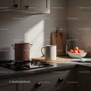Cozy Modern Kitchen with Wooden Cutting Board and Fresh Apples