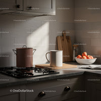 Cozy Modern Kitchen with Wooden Cutting Board and Fresh Apples