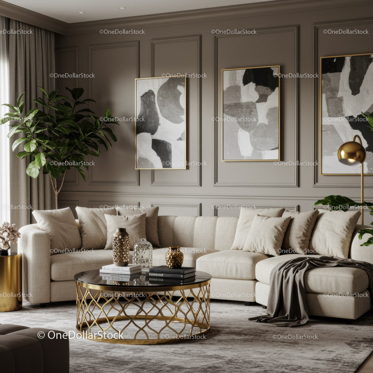 Elegant living room with beige sofa and golden accents