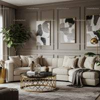 Elegant living room with beige sofa and golden accents