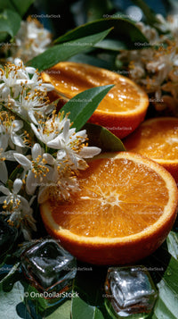 Vibrant Orange Slices and White Blossoms in Fresh Natural Setting