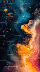 Vivid Cosmic Swirl Art with Bright Orange and Deep Blue Tones