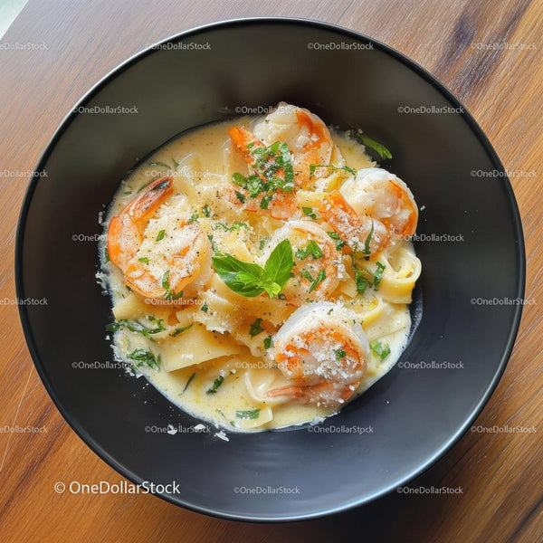 Seafood Shrimp Pasta with Creamy Sauce and Basil Garnish