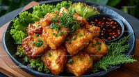 Crispy Fried Tofu with Sweet Chili Sauce and Fresh Greens