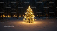 Illuminated Christmas Tree Glowing in Snowy Forest Night