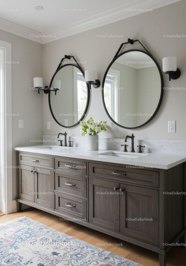 Elegant Modern Bathroom with Double Vanity and Stylish Mirrors
