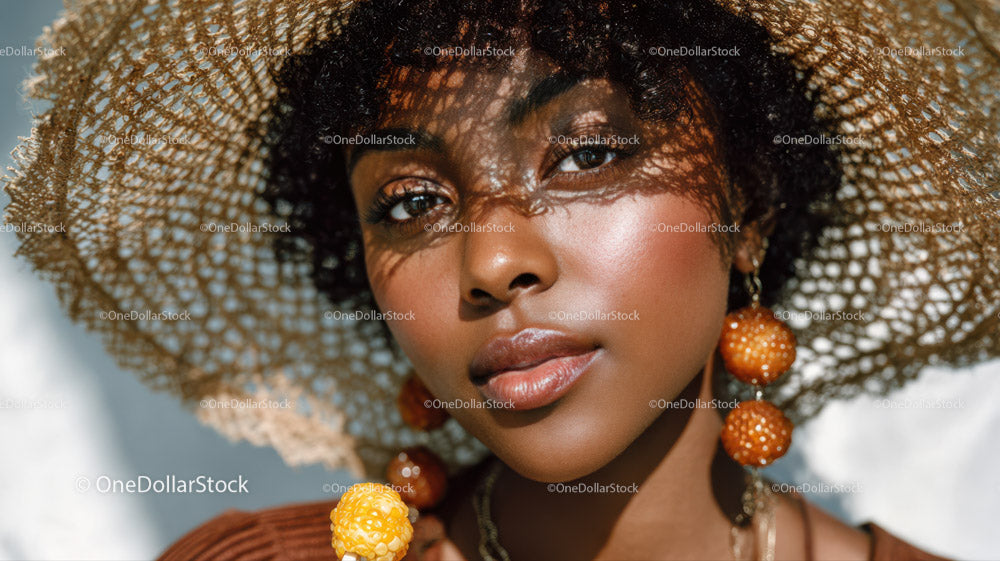 Elegant Woman Wearing Straw Hat and Orange Berry Earrings in Summer