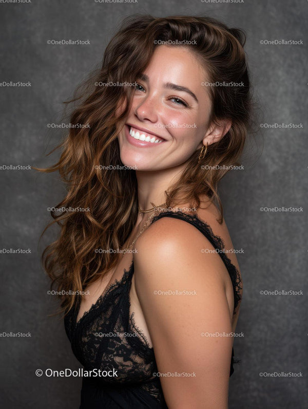 Smiling Woman with Wavy Hair in Black Lace Dress Portrait