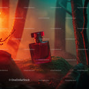 Luxury Red Perfume Bottle in Mystical Forest Scene
