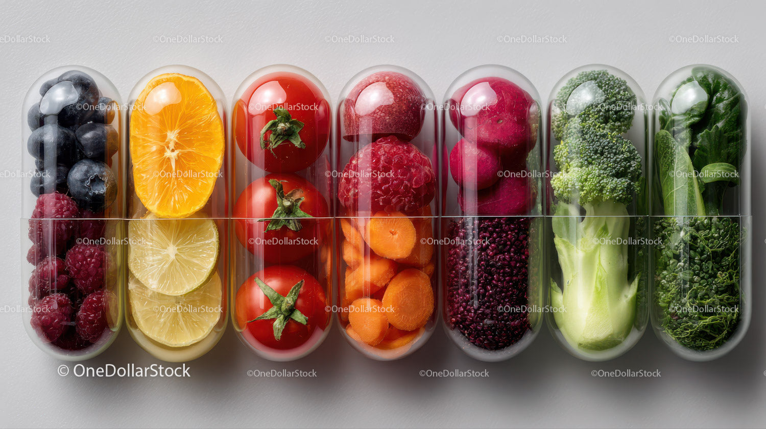Colorful Assortment of Fresh Fruits and Vegetables in Glass Jars