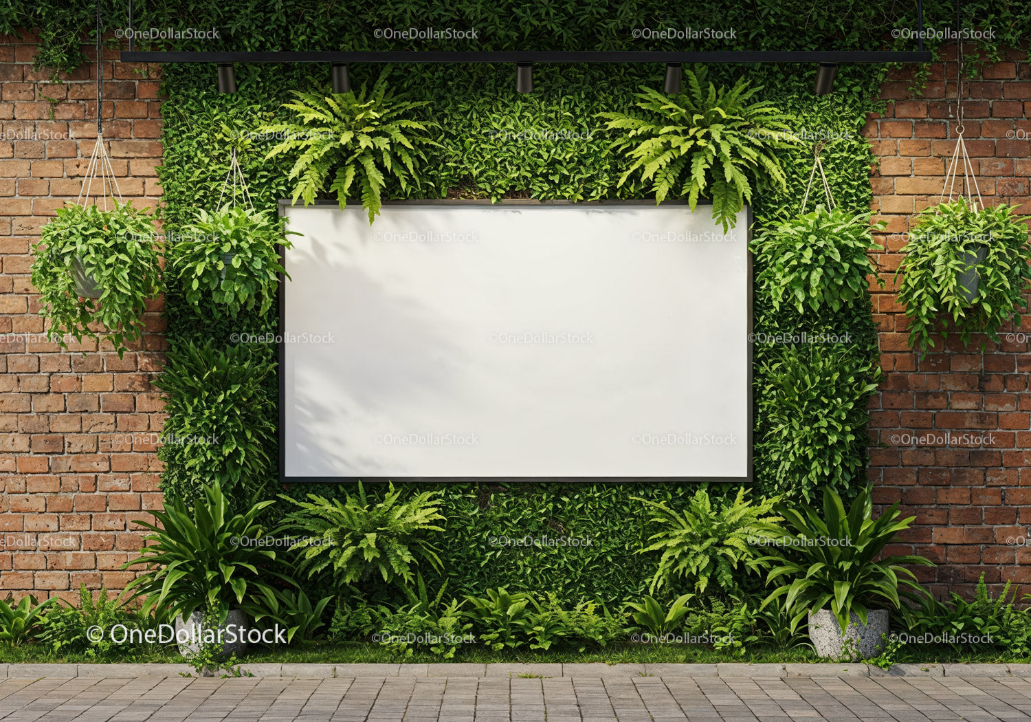Greenery Framed Blank Outdoor Advertising Board on Brick Wall