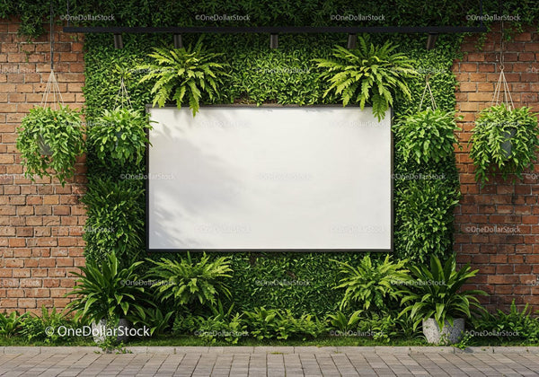 Greenery Framed Blank Outdoor Advertising Board on Brick Wall JPG Mockup Image