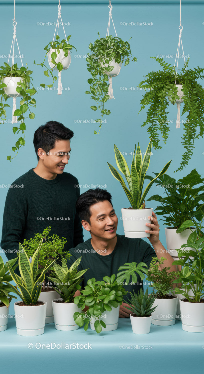 Two men enjoying houseplants in bright room