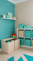 Bright and Colorful Children's Toy Storage Room with Shelves and Bins