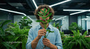 Young Man Holding a Plant in a Modern Office Filled with Greenery