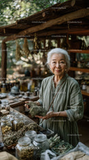 Elderly Woman Selling Organic Herbs at Rustic Outdoor Market