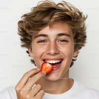 Joyful Teenage Boy Enjoying Fresh Strawberry with Bright Smile