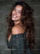 Smiling Woman with Long Wavy Hair in Casual Dress