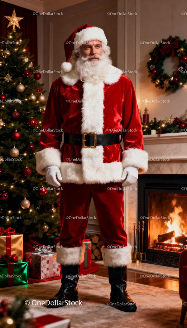 Santa Claus Standing by Christmas Tree and Fireplace