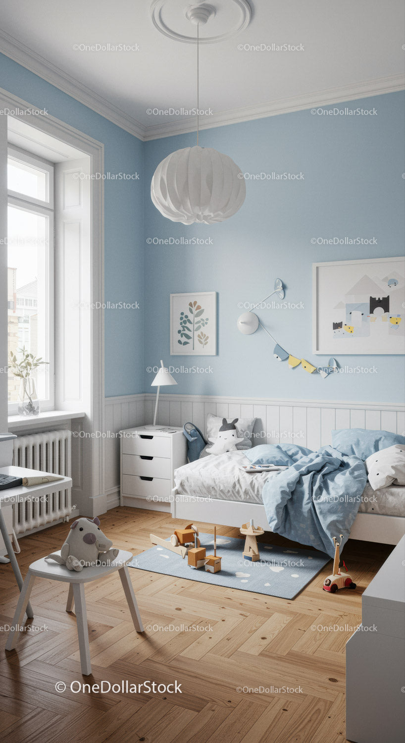 Cozy Children's Bedroom with Blue Walls and Wooden Flooring