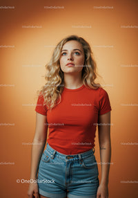 Young woman looking upward in casual summer outfit