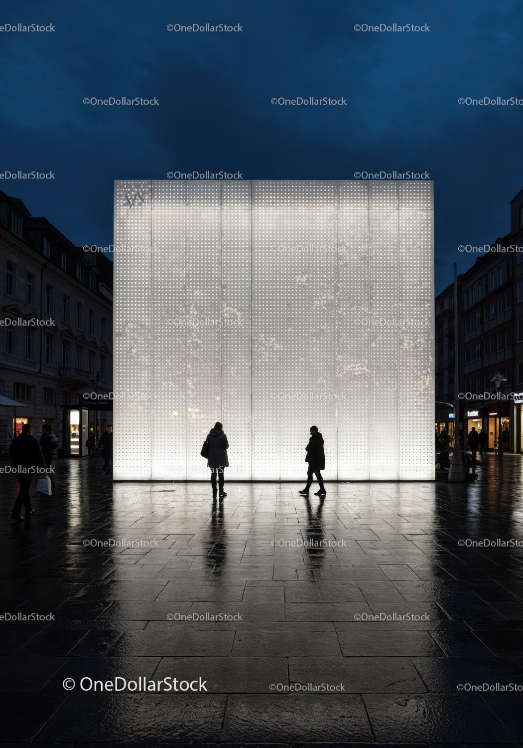 Modern Illumined Facade in Urban Night Scene with People and City Lights