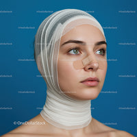 Elegant Woman with Bandaged Face in Skin Care and Healing Process