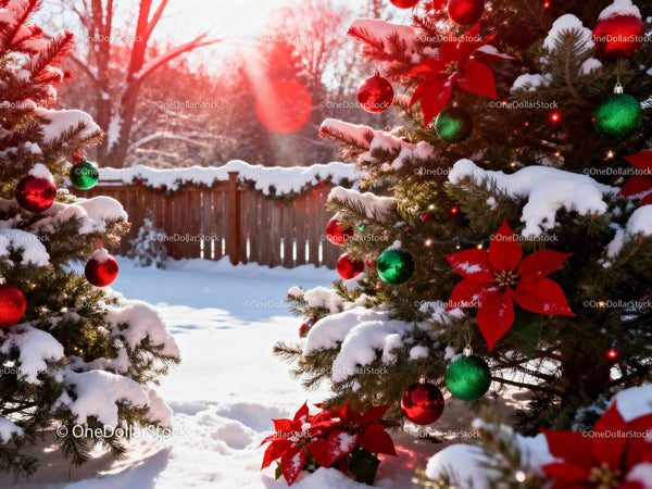 Winter Garden with Snow-Covered Christmas Decorations