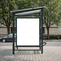 Empty bus shelter advertisement space on city street