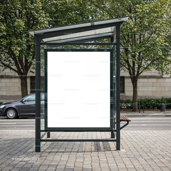Empty bus shelter advertisement space on city street JPG Mockup Image