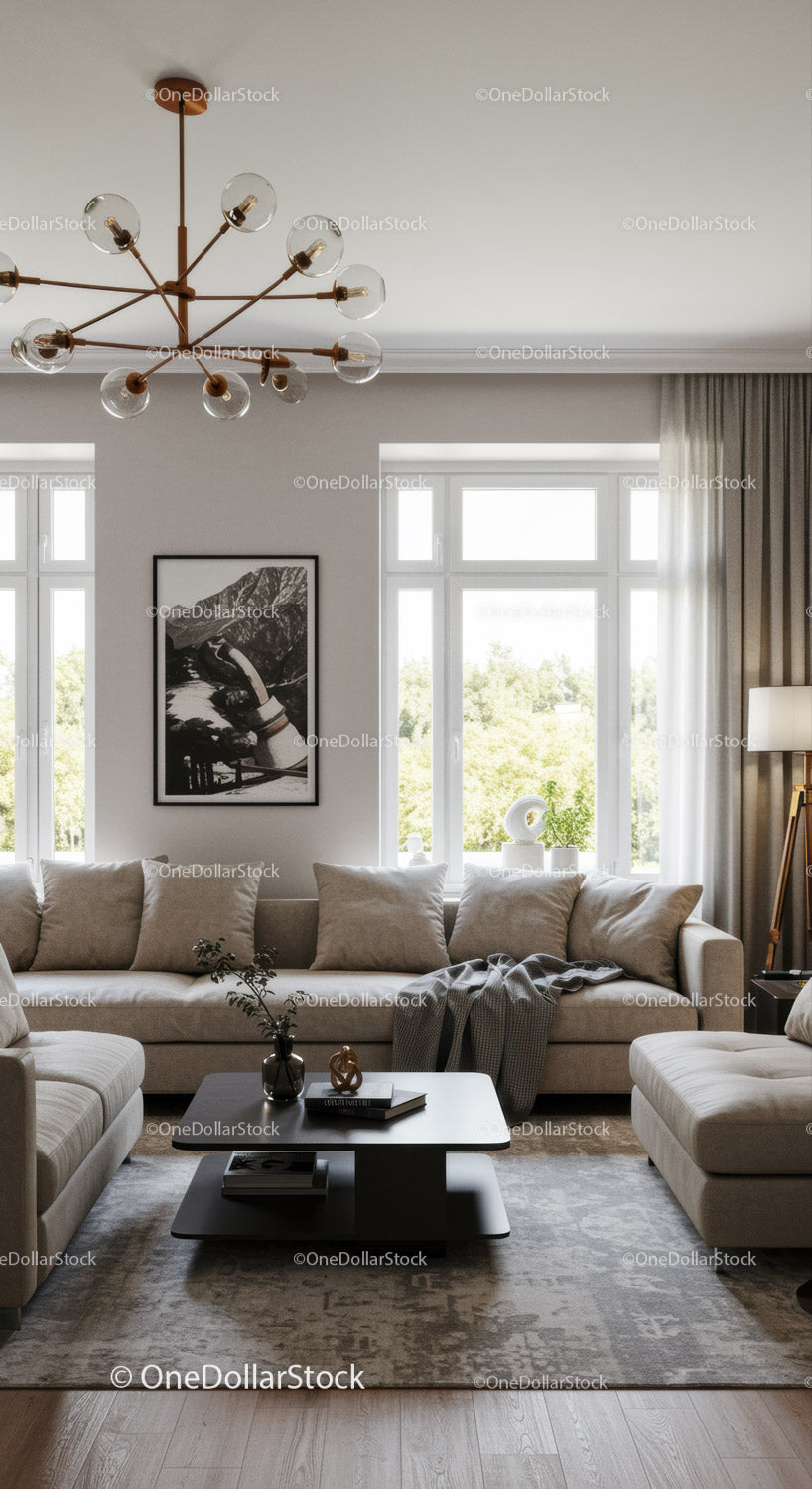 Nowoczesny salon z beżową sofą i eleganckim wystrojem