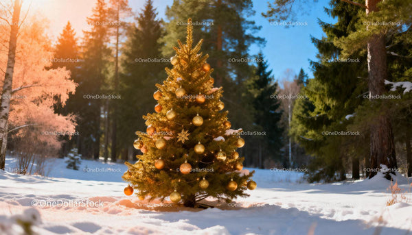 Decorated Christmas Tree in Snowy Forest Clearing