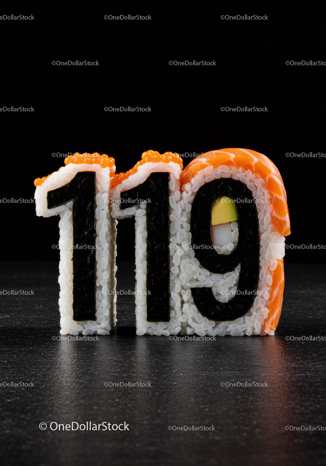 Creative sushi rolls shaped as number 119 on black surface