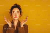 Happy Woman with Freckles and Curly Hair on Yellow Background