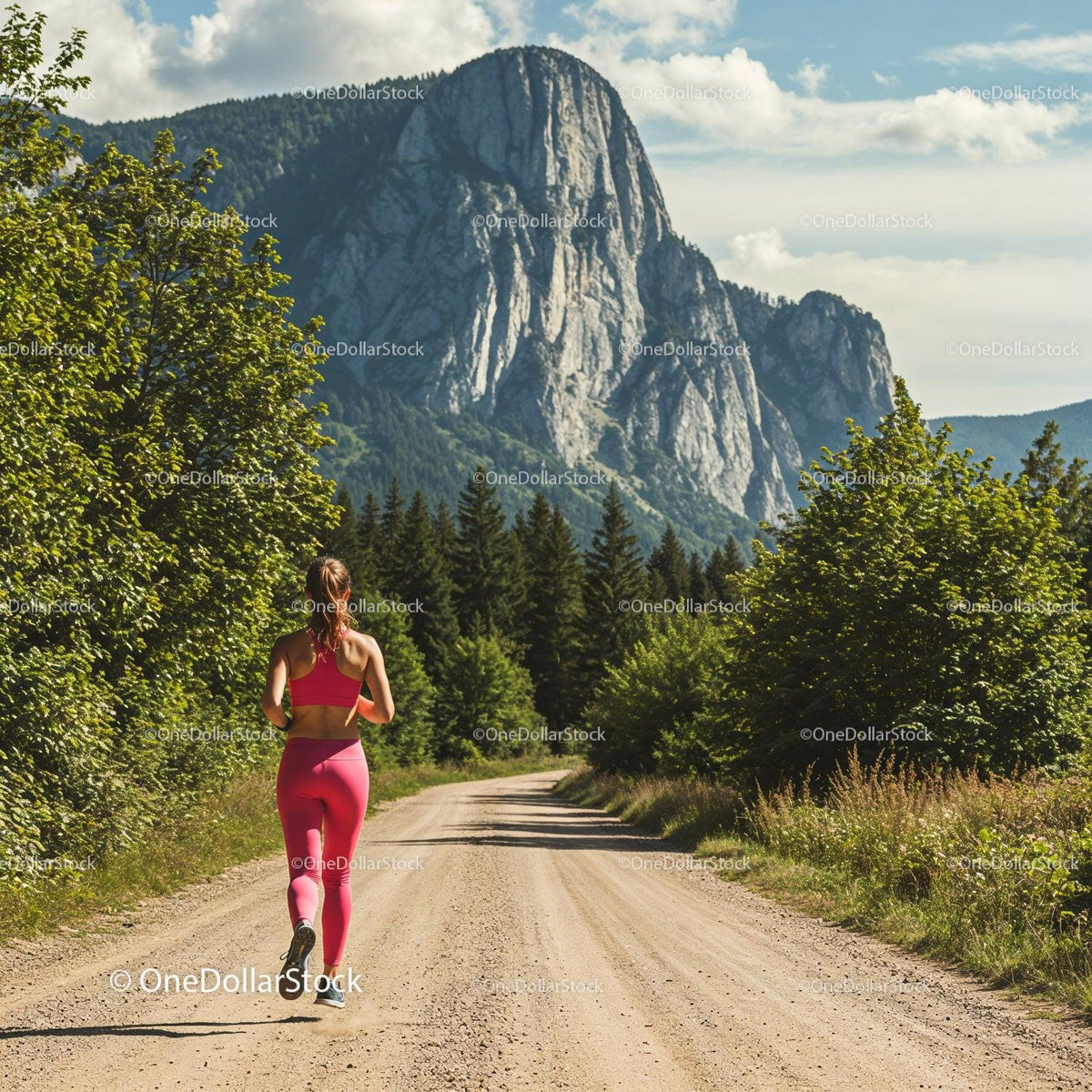 Woman Running on Rural Path Surrounded by Mountains