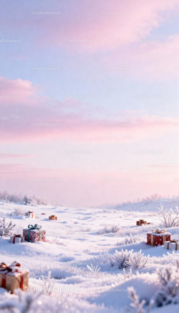 Winter Landscape with Scattered Christmas Gift Boxes