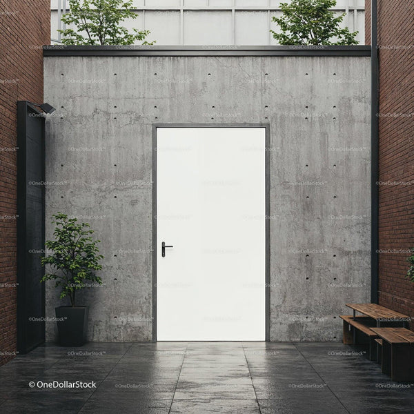 Minimalist white door in modern urban courtyard JPG Mockup Image