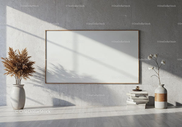 Minimalist room with blank frame and natural decor elements JPG Mockup Image